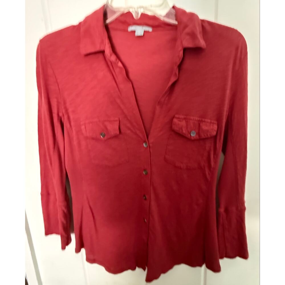 James Perse Standard Slub Cotton Button Down Shirt Teal 3/4 Sleeve Size 1